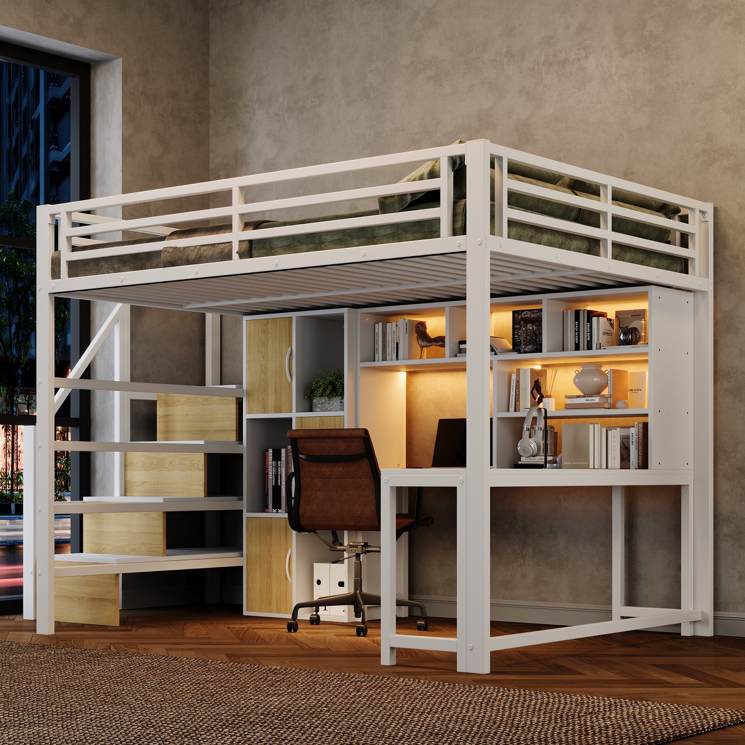 Zubaliya Hoogslaper 140 x 200 cm, Metalen bedframe, Ladekast, Opbergvak, LED-lichtstrip, Zonder matras, Wit