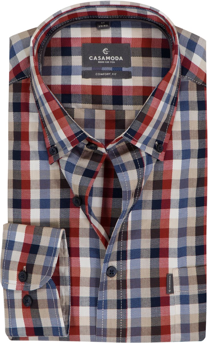 CASA MODA Sport comfort fit overhemd - popeline - donkerrood - met wit - blauw en beige geruit