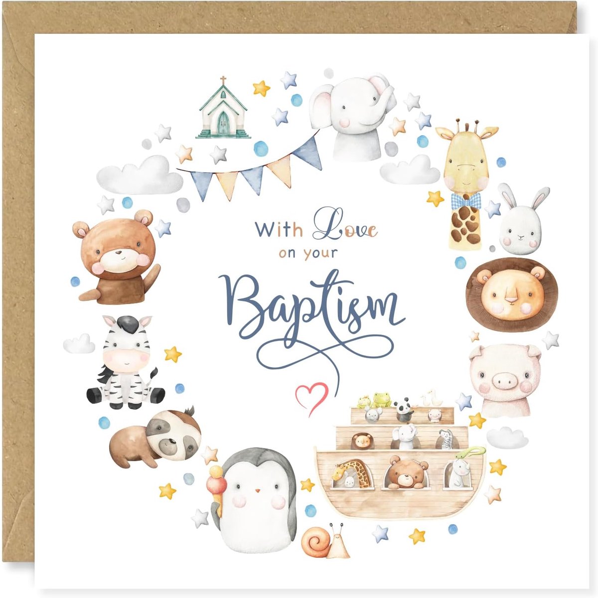 Beau Willows Noah's Ark Doopkaart Schattige Jungle Dieren Religieuze Wenskaart voor Jongens - ShopVlot