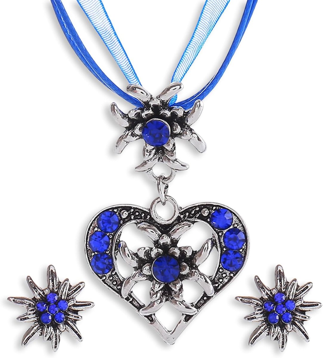 Oktoberfest accessoires voor vrouwen: Dirndl, blauwe ketting en edelweiss sieraden set voor Wiesn kostuum, inclusief oorbellen en halsketting