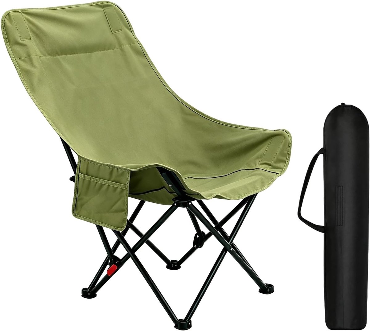 Opvouwbare campingstoel met hoge rugleuning, verstelbare rugleuning tot 135°, belastbaar tot 150 kg, lichtgewicht visstoel met zijvak voor tuin, balkon en outdoor gebruik, groen