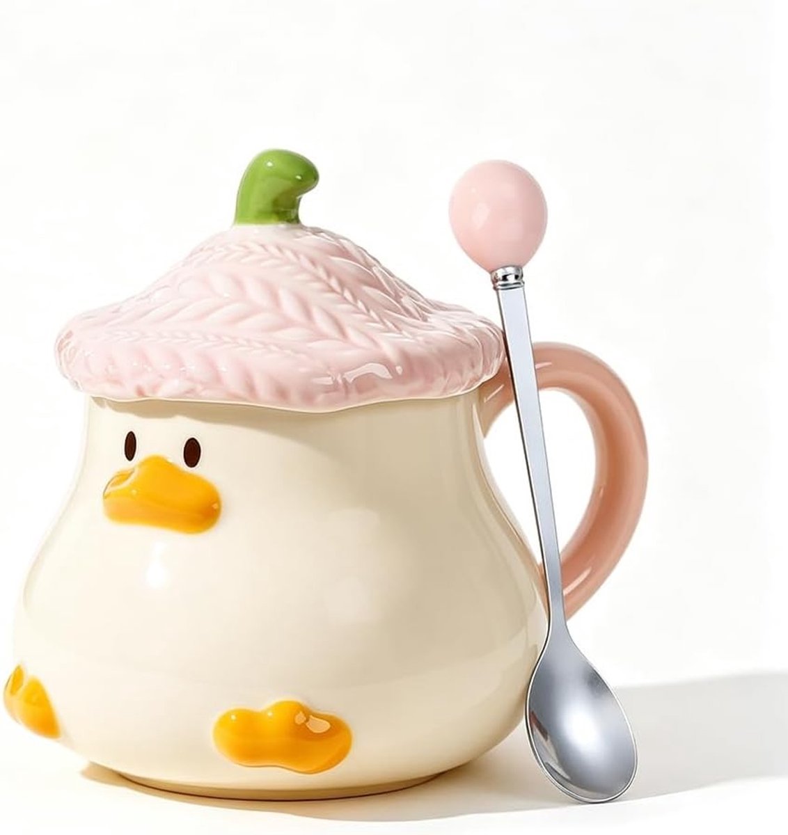 Grappige 3D cartoon eend koffiemok met deksel en lepel, perfect als cadeau voor Valentijnsdag, verjaardag of Moederdag, ideaal voor thee en koffie (roze)