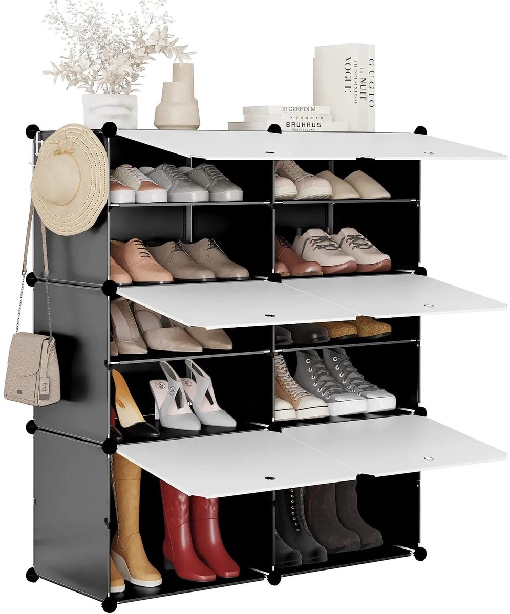 Klarven® Schoenenkast Zwart Wit - Modulaire Schoenenkast - Schoenenkastje - Schoenenkast Metaal - Shoe Cabinet - 6 Vakken voor 24 Paar Schoenen - Zelf Samen te Stellen - Waterdicht en Eenvoudig Schoon te Maken - Vak b45xd35xh35cm