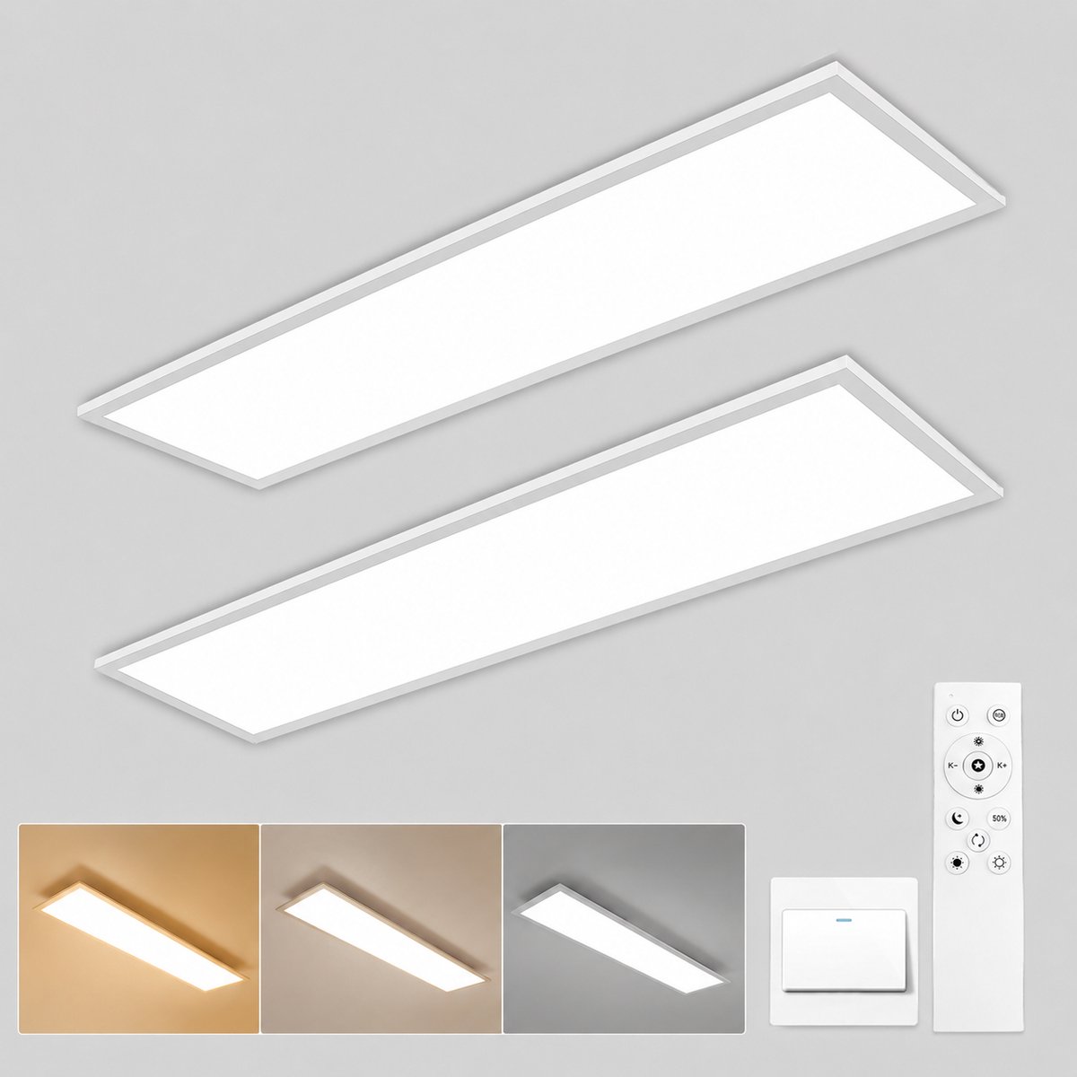 LOVHAUS 2x LED Plafondlamp 120x30 cm – Dimbare LED Panelen 40W 4400LM – 3000K-6500K – Met Afstandsbediening