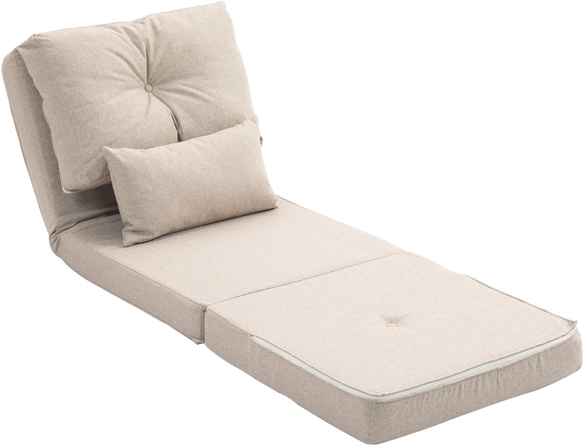 Slaapstoel – Inklapbare Slaapbank - 1 kussens– Slaapfauteuil 1 Persoon – Verstelbare Rugleuning – beige