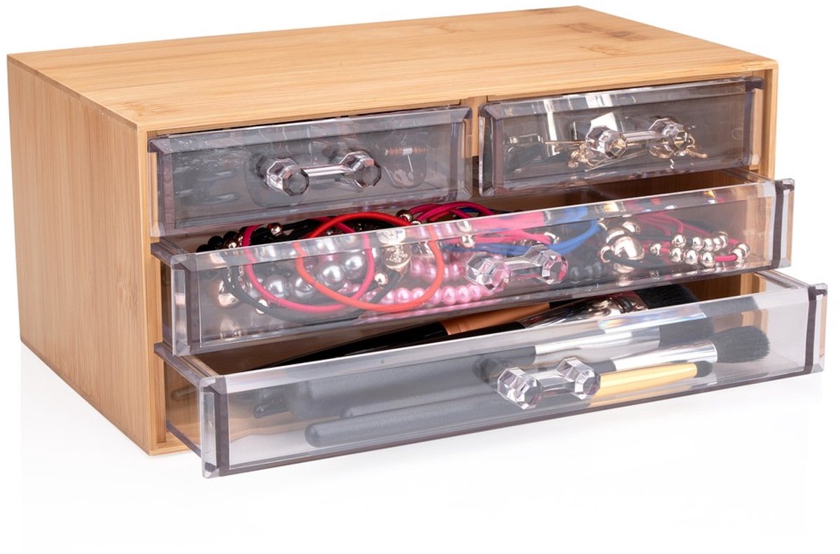 Touch Of Beauty Opbergbox - Make Up Organizer - Bamboe Organizer - 4 Transparante Lades - 13.8 x 23.7 x 11 cm - Bamboe/ Kunststof