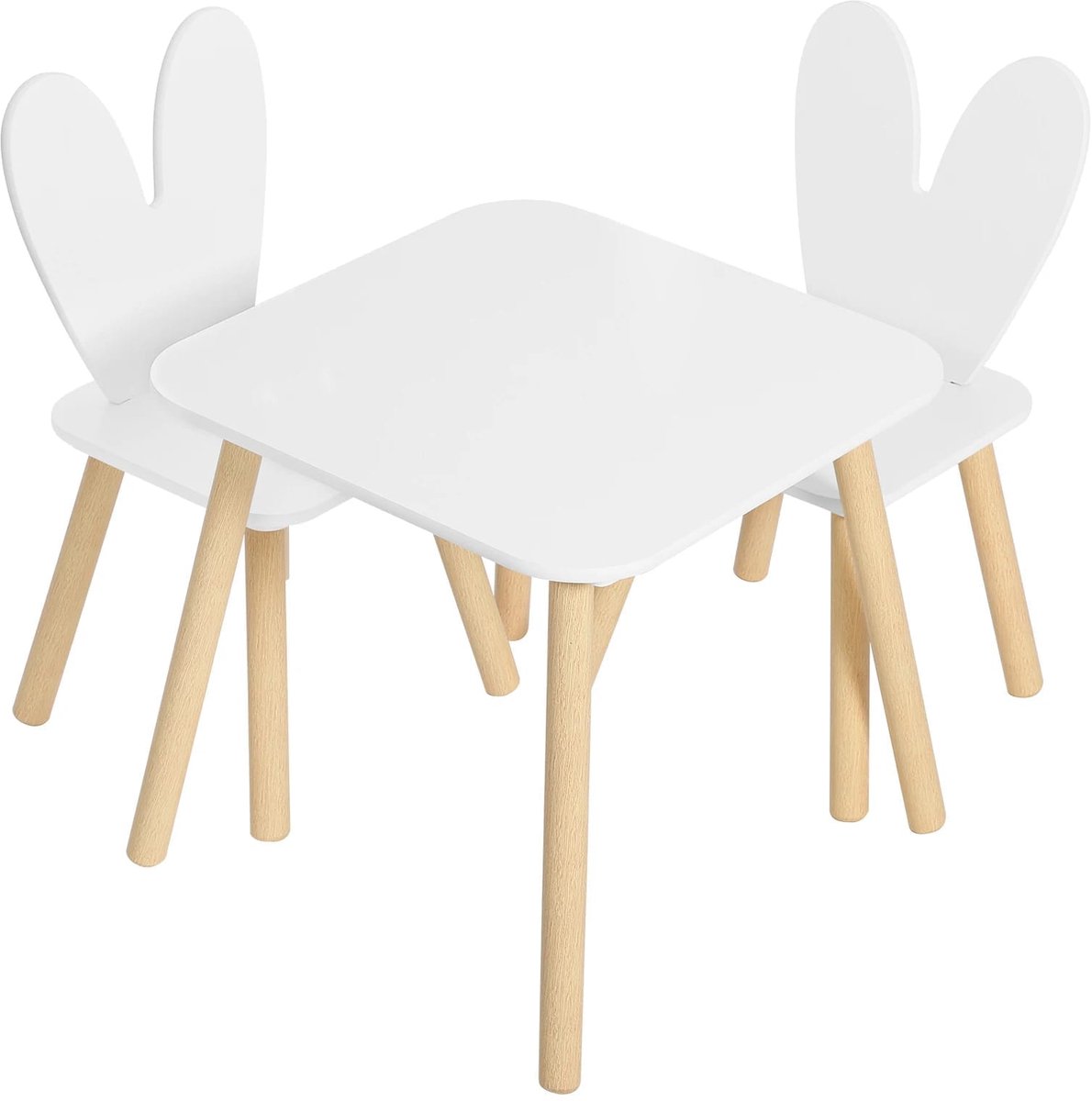 Klarven® Kindertafel Stoelen Wit - Konijnenoren Kindertafel - Kindertafeltje Hout - Kids Table - Set met 2 Stoeltjes, Afgeronde Hoeken - Waterafstotend en Makkelijk Schoon te Maken, Belastbaar tot 30 kg - B49,5xd49,5xh47cm