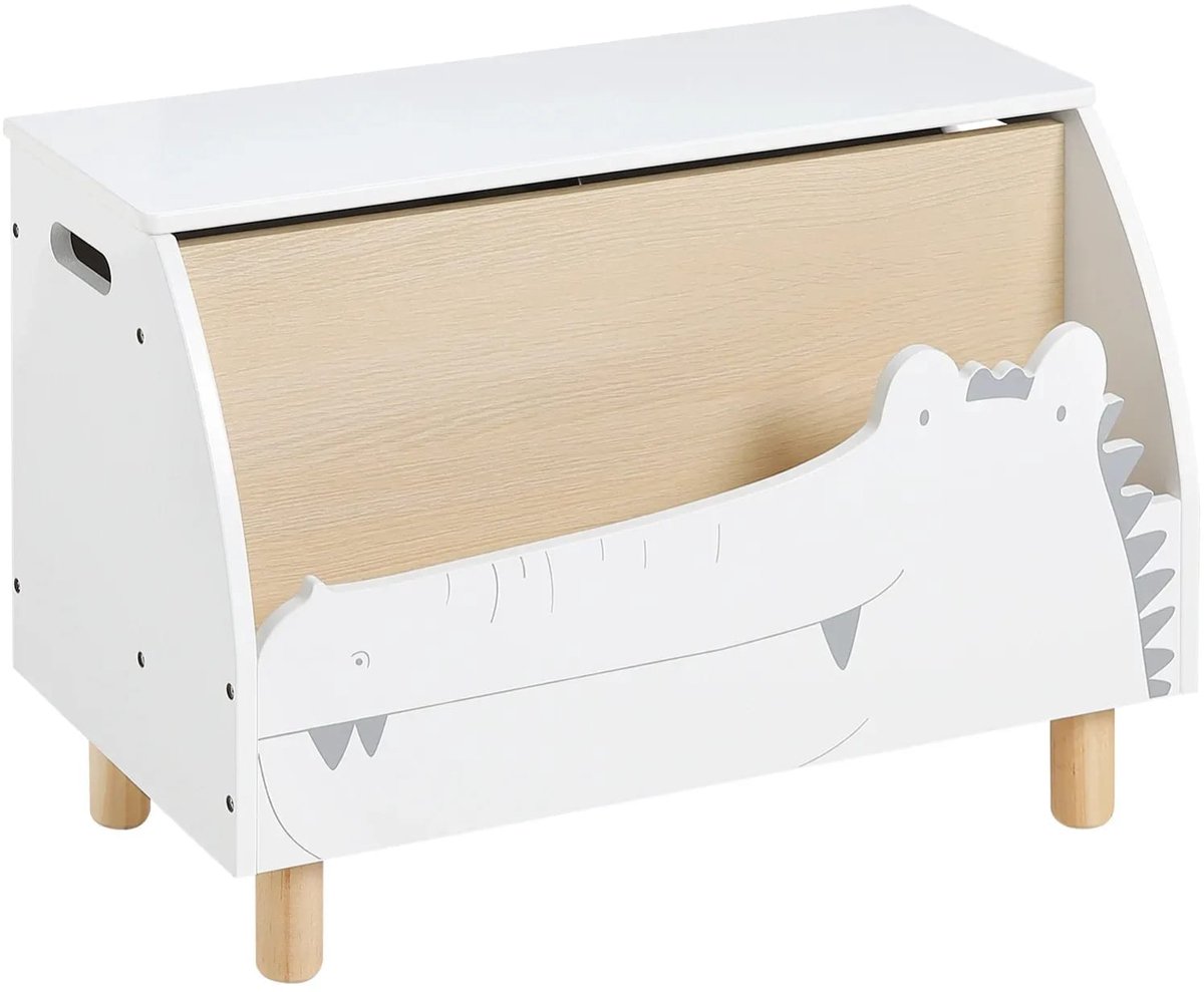Klarven Speelgoedkist - Speelgoedkist Hout - Speelgoedbox - Wit - Langzaam Sluitend Deksel, Boekenvak Vooraan, Afgeronde Hoeken - B60xd30xh44cm