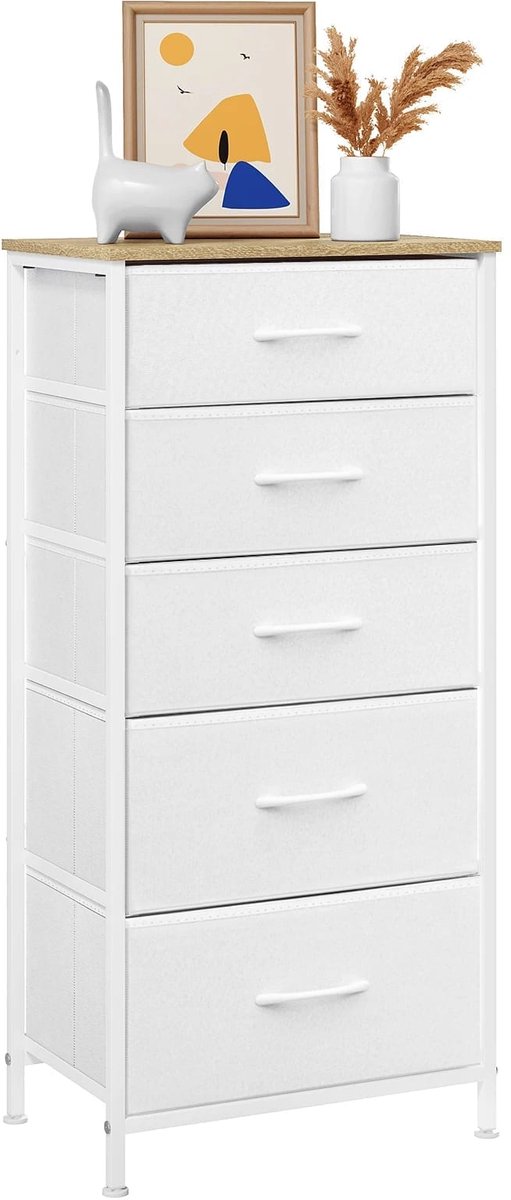 Klarven® Ladekast Wit - 5 Stoffen Laden in 2 Maten, Stabiel Metalen Frame - Perfect voor Slaapkamer of Kinderkamer - B 45 x D 53 x H 95 cm