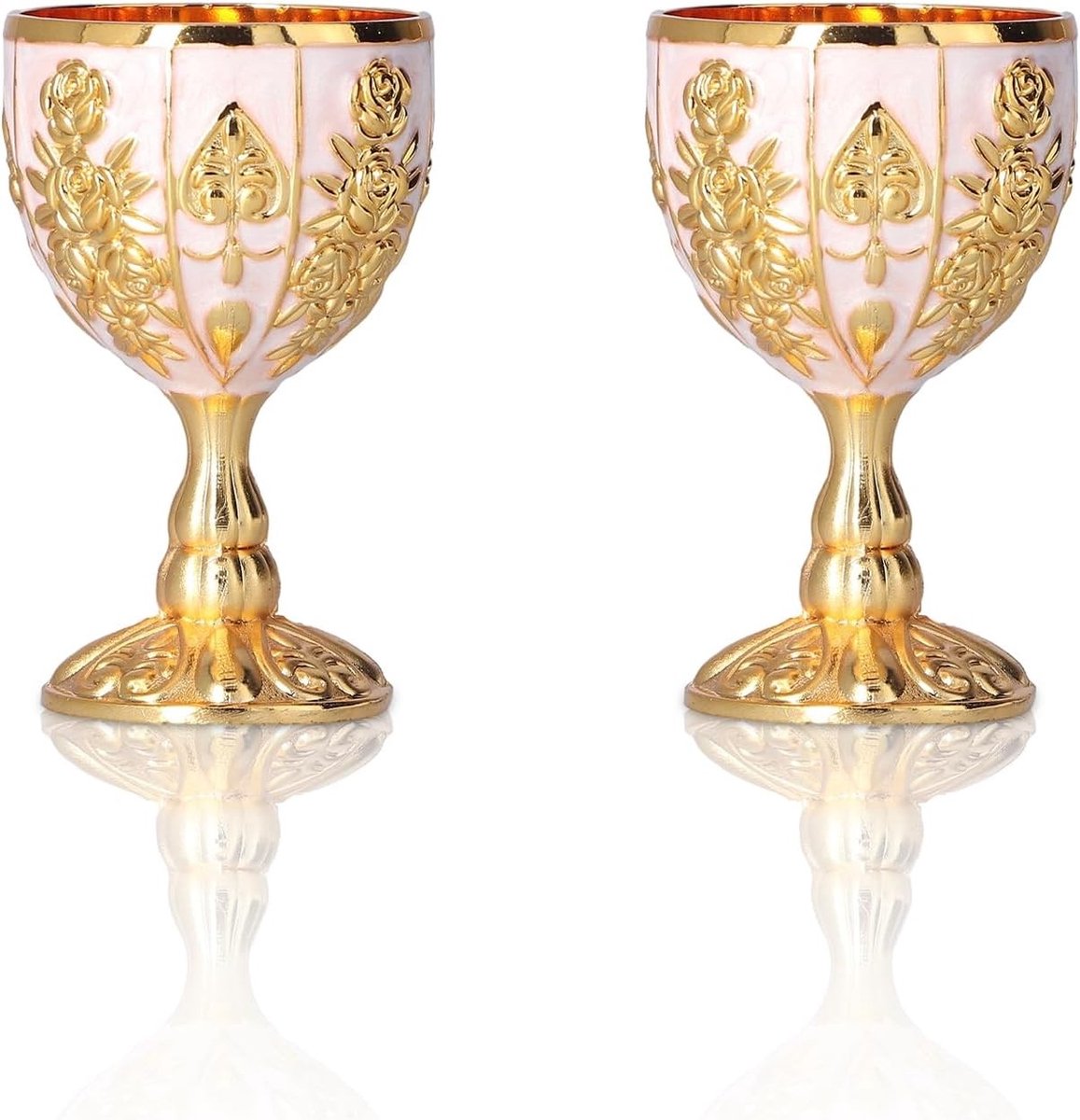 Vintage Gouden Wijn Glazen - 2 Stuks Gegraveerde Retro Bekers voor Thuisbar, Feest en Bruiloft - 4.2 x 6.8 CM