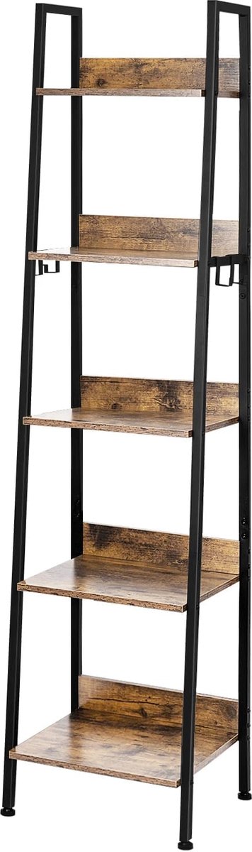 Klarven® Boekenkast Donkereiken + zwart - Boekenkast Kind - Boekenkastje - Boekenkast Industrieel - Boekenkasten - Boekenkast Kinderen - Bookcase - 5 Open Vakken, Anti-kantelbescherming, Verstelbare Pootjes - B40xd36xh170cm