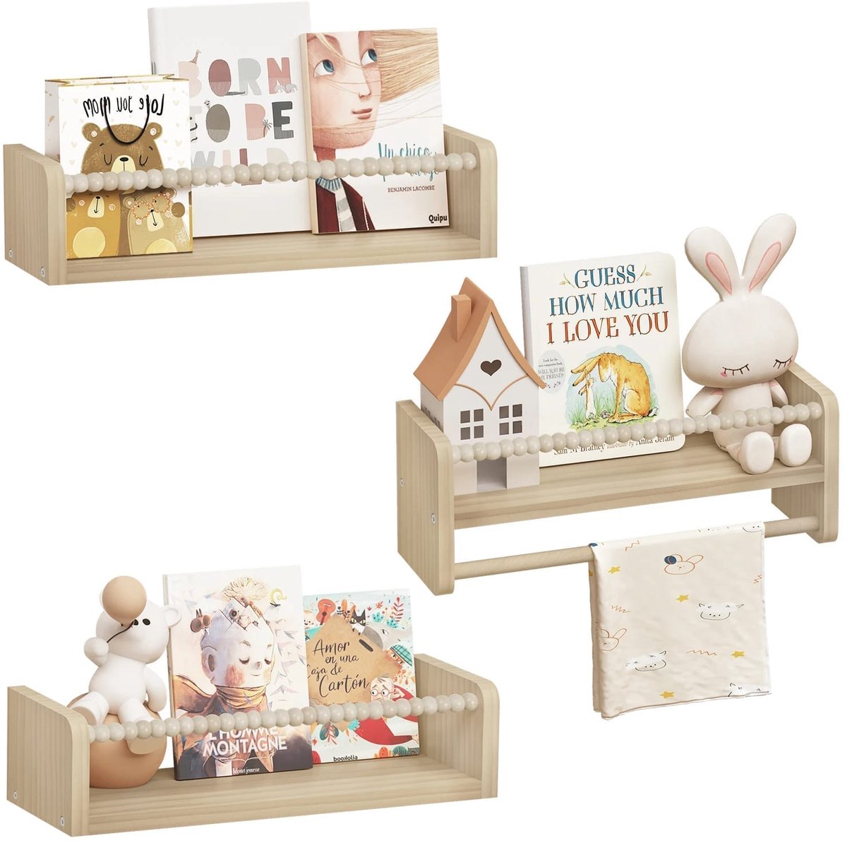 Klarven Zwevende Wandplank 40x15x14cm - Montessori Boekenkast - Zwevende Kast, Ruimtebesparend, Rand Valbescherming, Draagkracht 20 kg per Schap - Set van 3 - B 40 x H 15 x D 14 cm natuurlijk hout