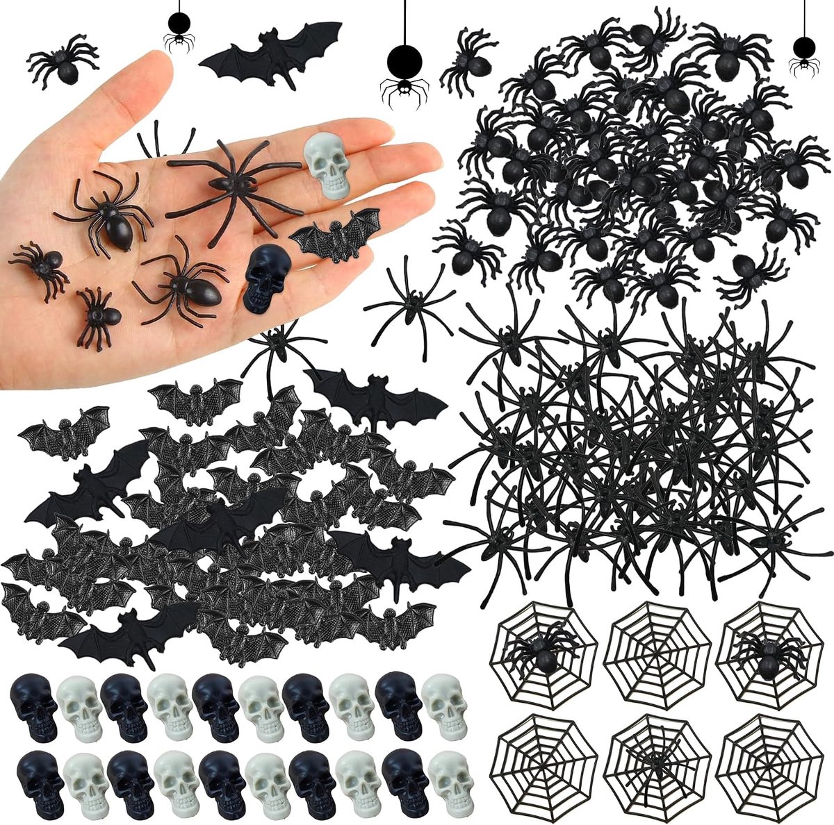 KZQ Halloween decoratie – 150 stuks met mini-vleermuizen, spinnen en schedels – Griezelige Halloween-decoratie voor een huiveringwekkende sfeer