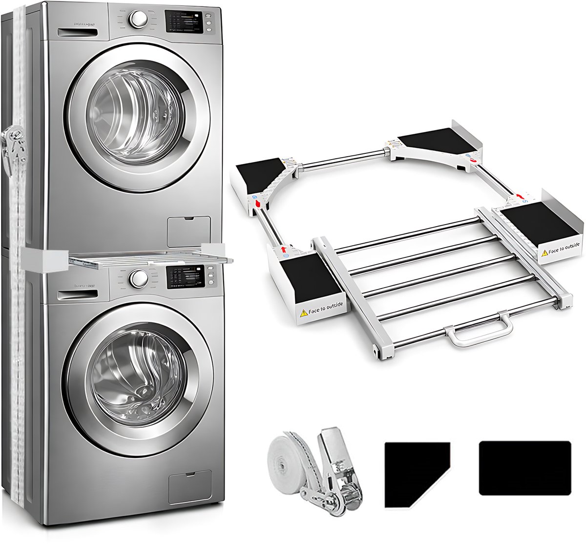 Universele Wasmachine Droger Stapelset - Verbindingsset voor Wasmachine en Wasdroger - Ruimtebesparende Stapelkit met Spanband en Antislip Pads - Geschikt voor Apparaten van 46 tot 66 cm Breed en Diep - Wit