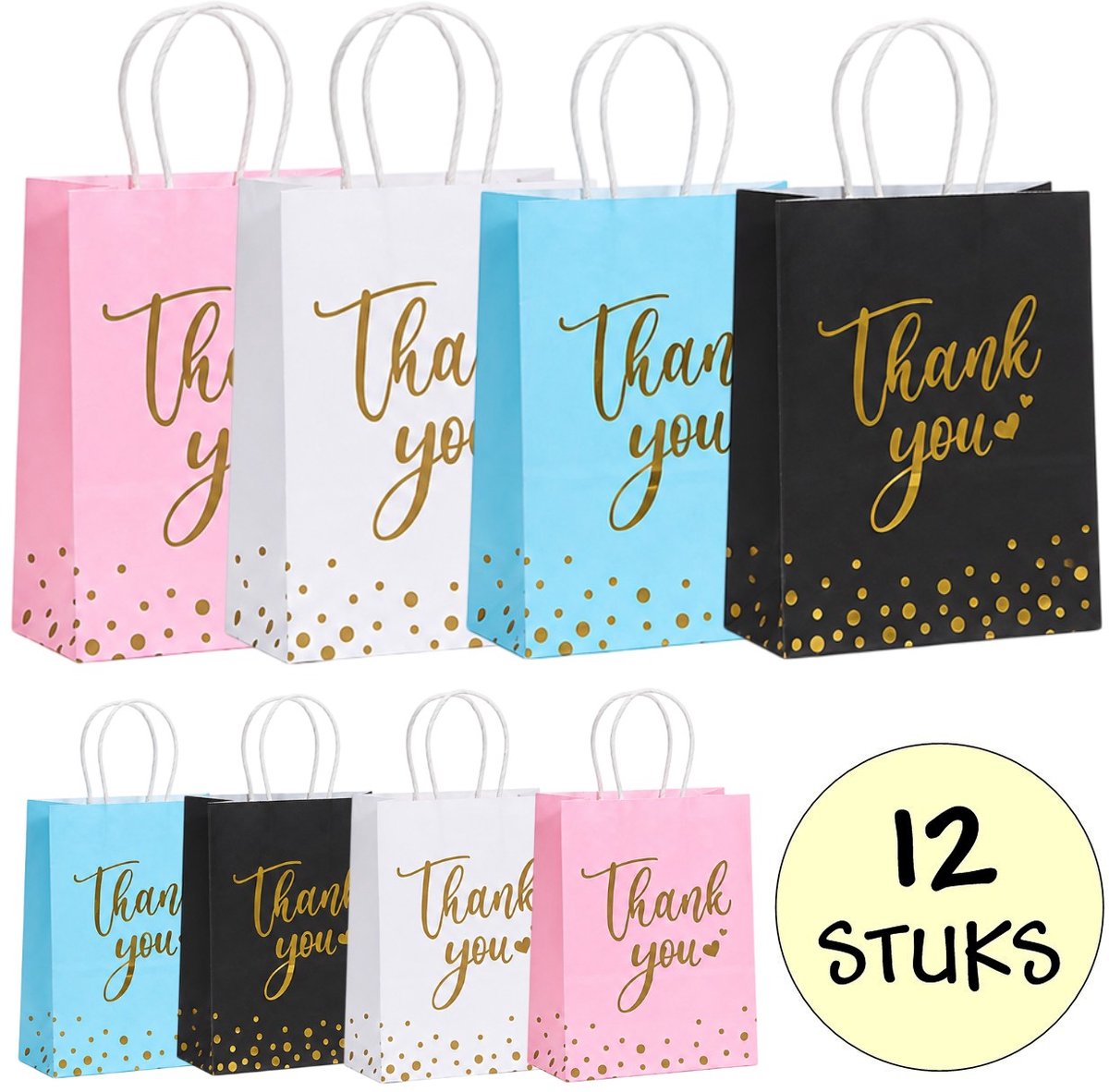 12x Papieren Uitdeeltasjes Thank You Gold - 15x8x21cm - Stevig Papier - Traktatie Zakjes - Papieren Tasjes - Cadeau Zakjes - Uitdeelzakjes - 4 Verschillende Kleuren - Kraftpapier - 12 Stuks