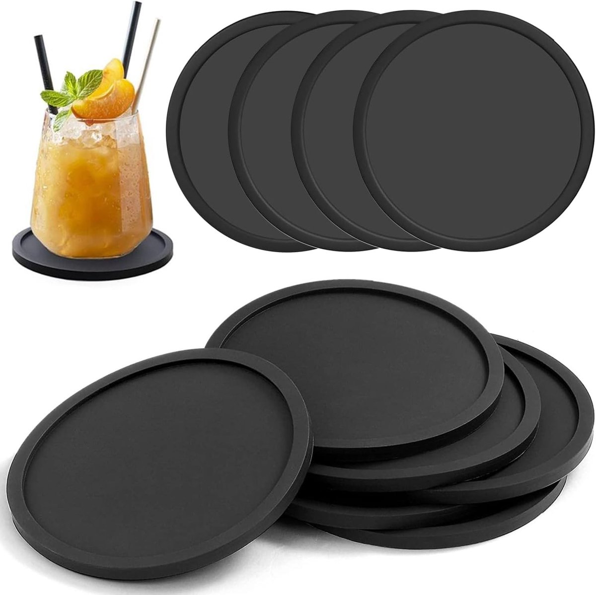 Set van 10 ronde zwarte onderzetters van 10 cm van antislip siliconen voor bescherming van meubels