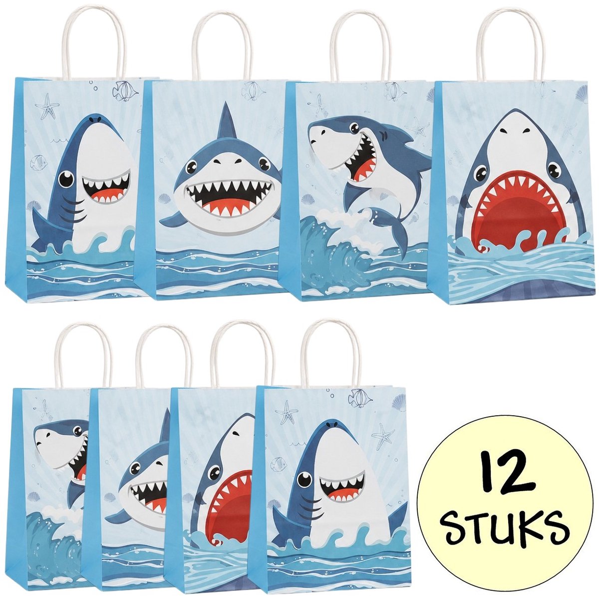 12x Papieren Uitdeeltasjes Haaien - 15x8x21cm - Stevig Papier - Traktatie Zakjes - Papieren Tasjes - Cadeau Zakjes - Uitdeelzakjes - 4 Verschillende Motieven - Kraftpapier - 12 Stuks