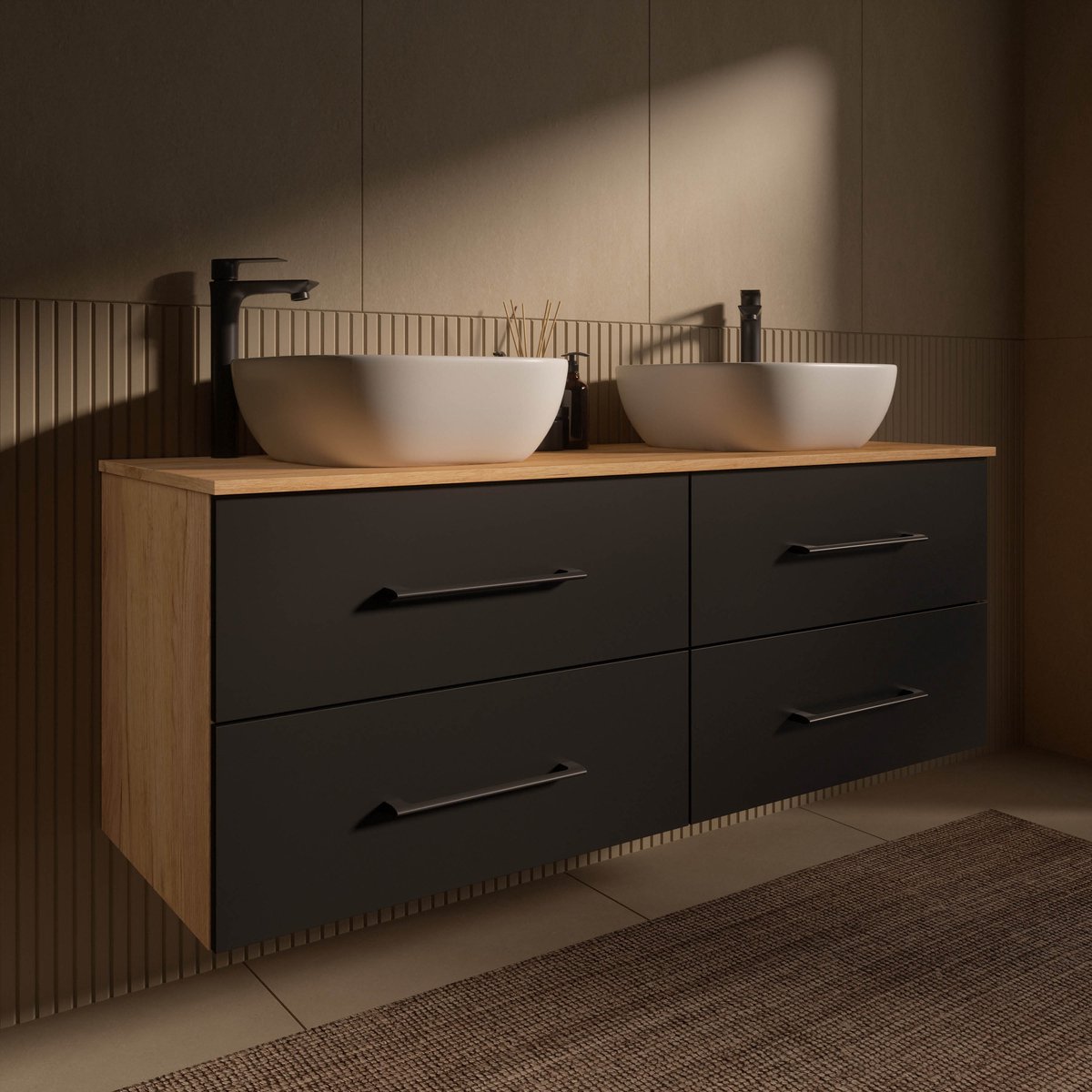 Planetmöbel LUX Dubbel Badmeubel 140 cm 2x Wastafel 42 cm Zwart