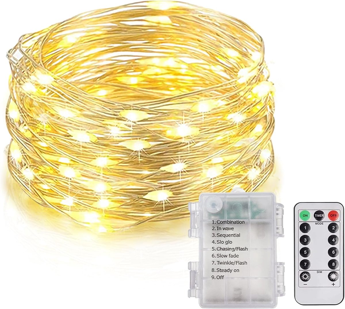 Lichtsnoer op batterijen, 10M 100 LED Silver Wire Lights met 8 modi IP65 waterdicht, String Lights Indoor voor tuin - ShopVlot