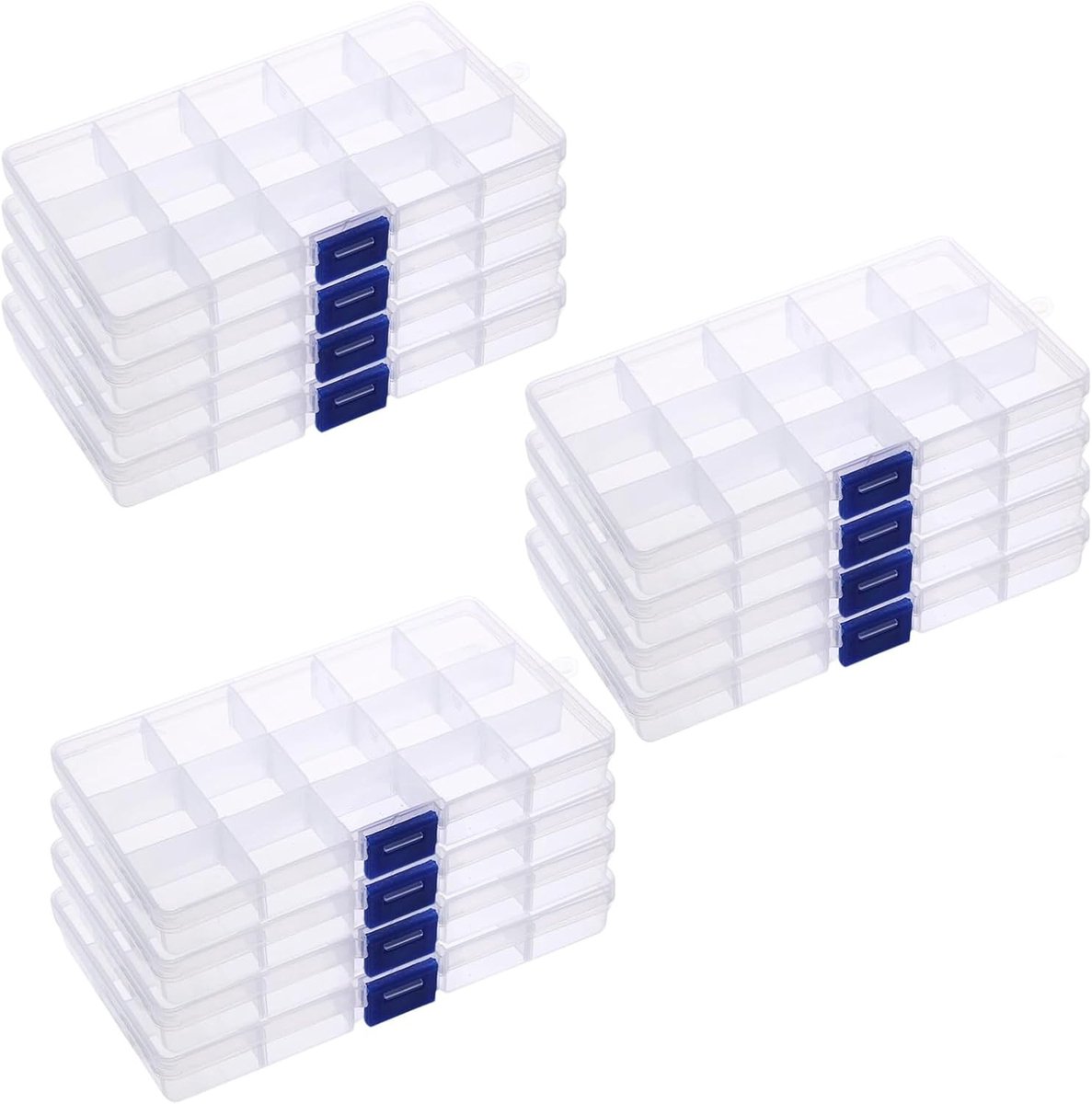 Set van 12 Doorzichtige Plastic Opbergdozen voor Kleine Onderdelen, 15 Compartimenten, Organiser voor Gereedschap en Sieraden, Ideaal voor Hobby en Kantoor, 17 x 10 x 2.5 cm