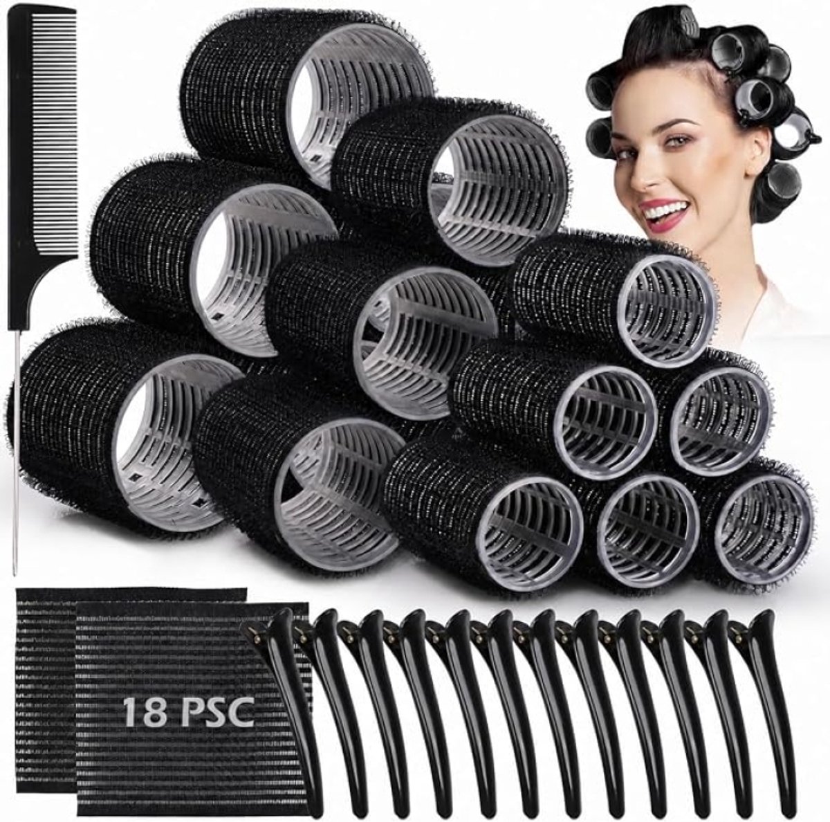 Krulspelden Set van 33 - Zelfklevende Haarrollers met Clips en Kam - 18 Stuks Groot/Middel/Klein - voor Lang en Kort Haar