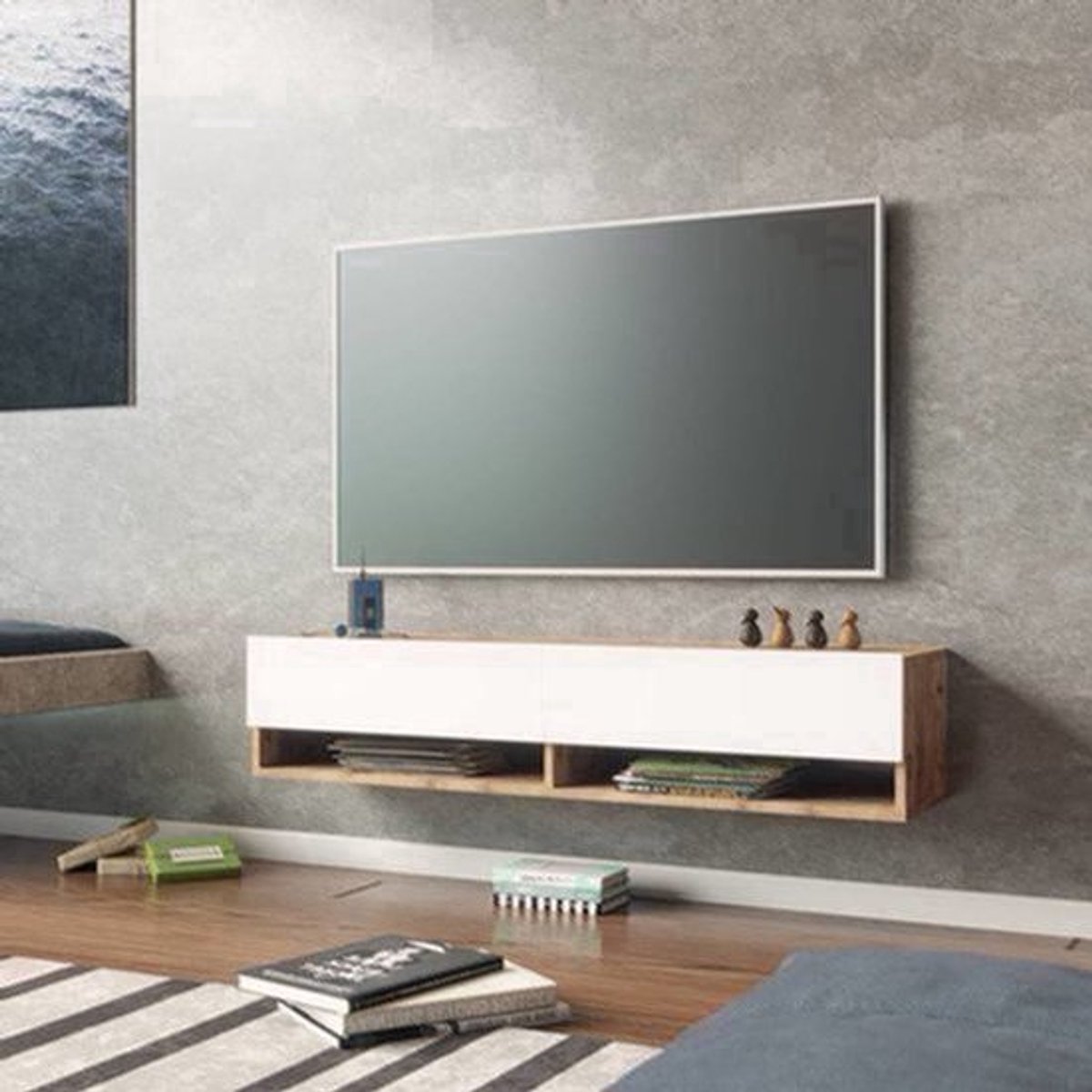 Tv-meubel – Tv-kast – Lowboard – Wandmeubel – Zwevend Tv-meubel – MDF Met Eikenprint – 140x31,5x29,5 cm – 2 Open Vakjes
