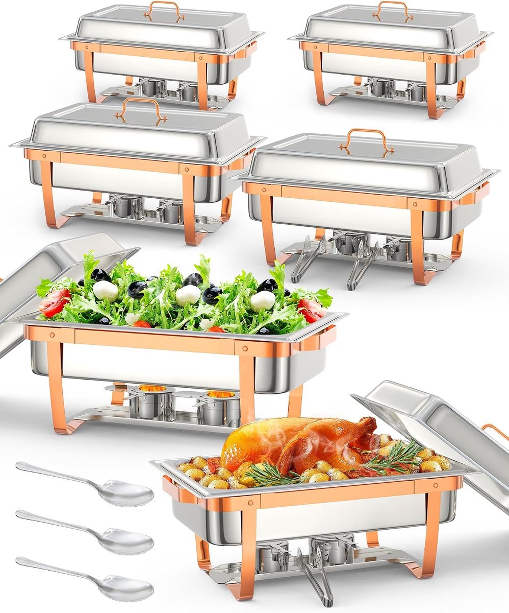 Chafing Dish Set van 6 - 8 Liter Rechthoekige RVS Buffet Warmhouders - Inklapbaar & Ruimtebesparend - Met Deksel, Opscheplepel & Tang - Warmhoudschaal voor Catering, Buffet, Horeca & Feesten - Zilver