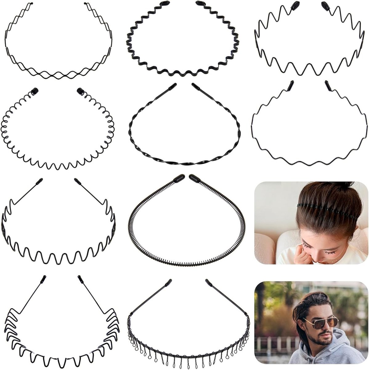 Dunne Zigzag Haarbanden in Zwart - 10 Stuks Elastische Unisex Haaraccessoires voor Dagelijks Gebruik, Perfect voor Golvend Haar en Stijlen