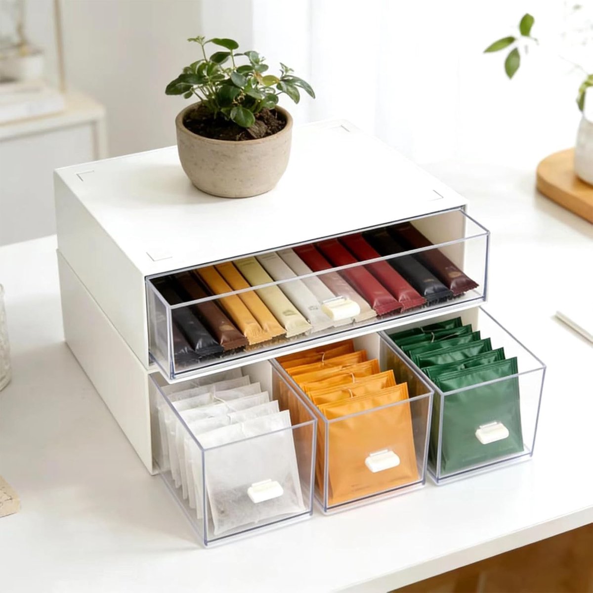 Opslagdoos voor Theezakjes - 2 Stuks, Stapelbare Organizer voor Keuken, Ideaal voor Koffie, Suiker en Specerijen