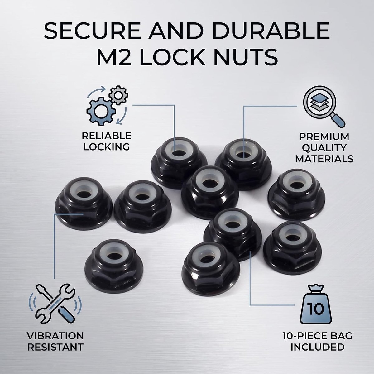 Zelfsluitende Moeren, 10 Stuks M2 Moer Inserts, CNC Aluminium Flens Moeren met Nylon Lock, Zwart, Duurzaam en Betrouwbaar voor Diverse Toepassingen
