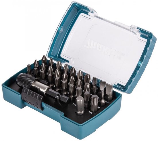 Makita schroefbitset met 32 delen in een turquoise koffer met transparant deksel, bitjes en magnetische bithouder.