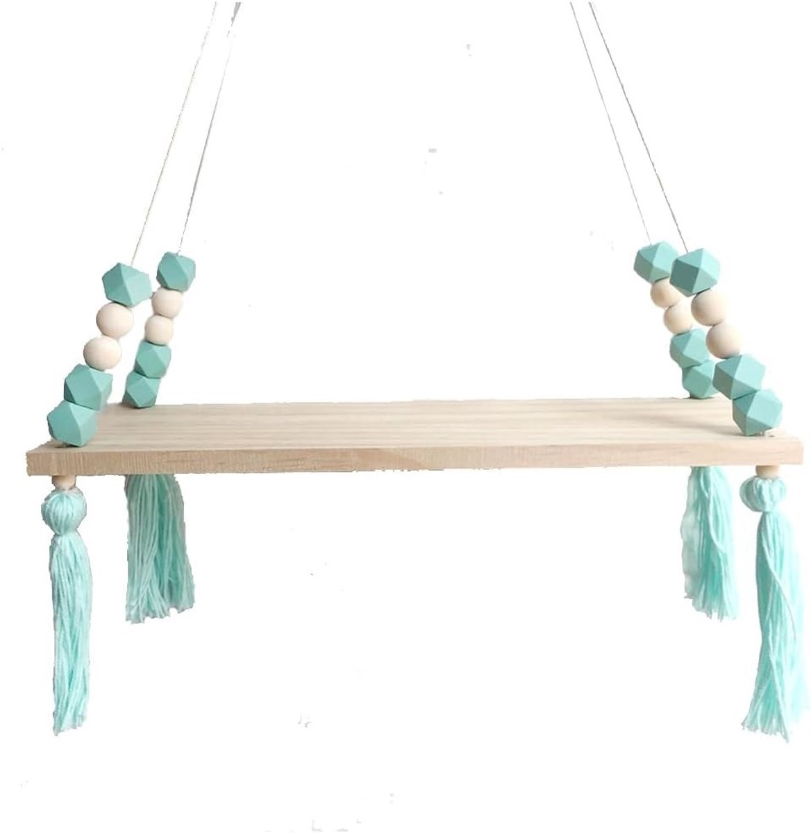 Drijvende Houten Wandplank met Macramé, Beads en Kwastjes voor Badkamer, Woonkamer en Kinderkamer Decoratie