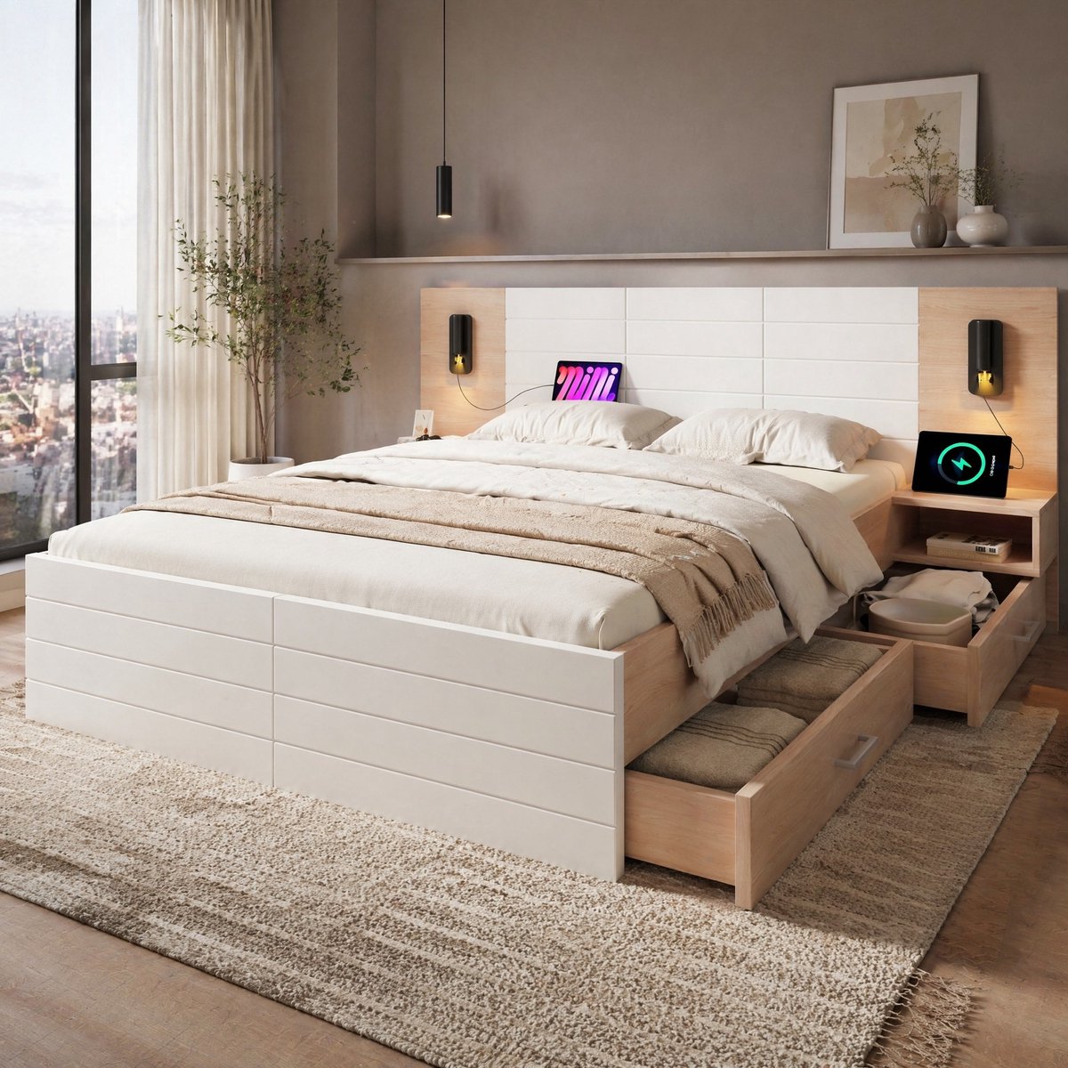 COVREO Bed met leeslamp en USB-laadfunctie – Tweepersoons bed met 2 lades – Normaal bed voor volwassenen – 255x207x80 cm – Wit en licht eiken - zonder matras