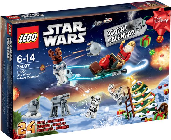 Calendrier de l'Avent LEGO Star Wars 75097 avec R2-D2, sapin de Noël, Père Noël dans un traîneau et stormtroopers dans un paysage enneigé.