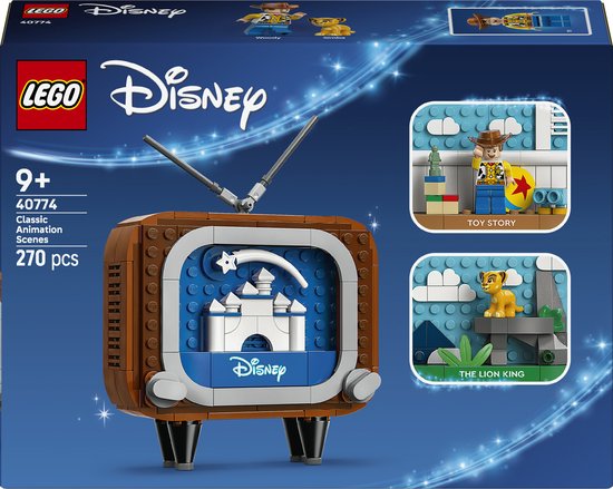 Doos van LEGO Disney Classic Animation Scenes met tv, "Toy Story" en "The Lion King" scènes.