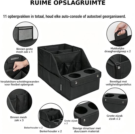 Autostoel Organizer voor Voorstoelen, Achterbank en Kofferbak - Kofferbak Organizer - Opvouwbaar - Met Bekerhouder - Zwart — afbeelding 2