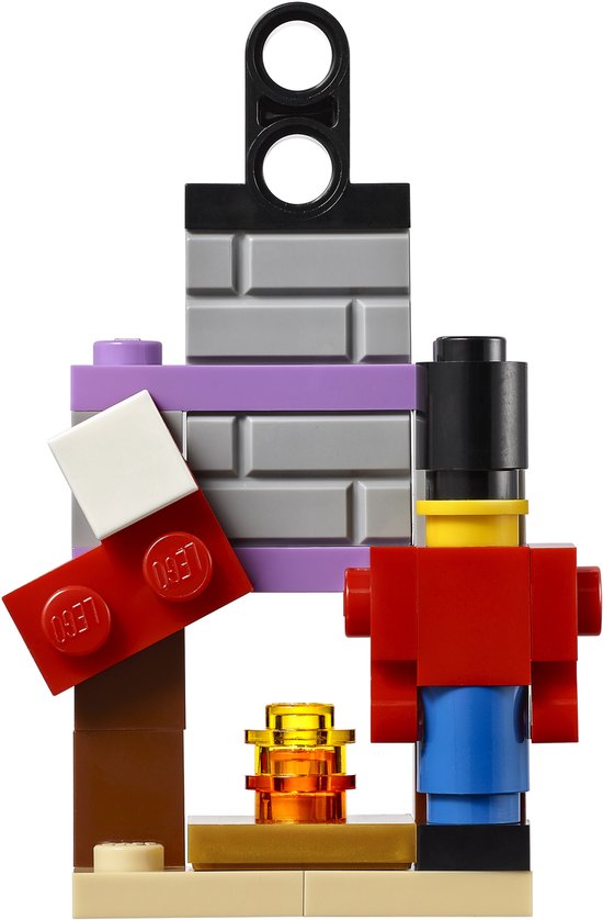 LEGO schoorsteen met rode, blauwe en grijze blokjes en een vuurtje.