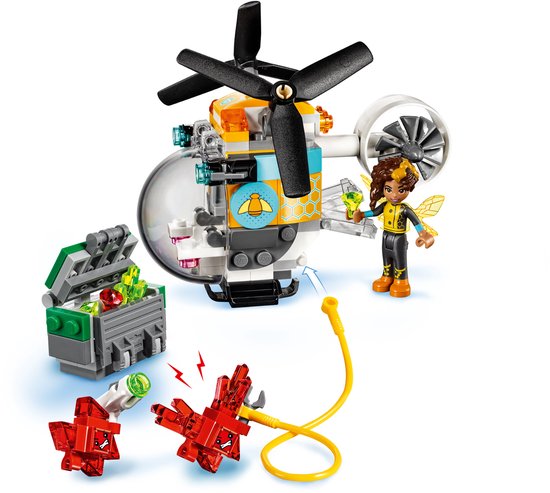 LEGO Bumblebee helikopter met speelgoedfiguur, kist, kristallen en vliegende robots