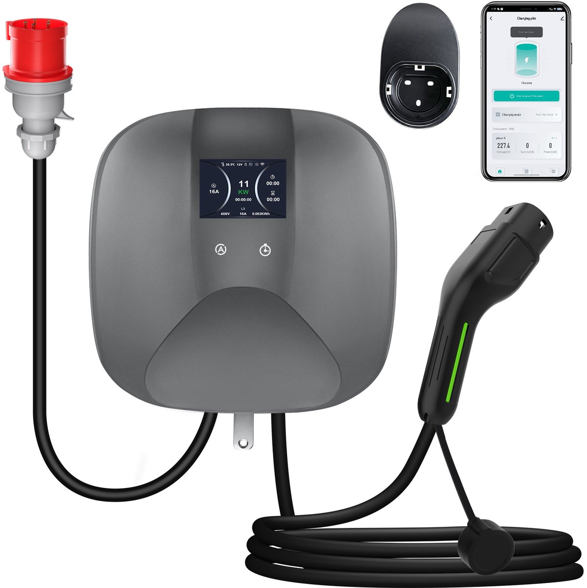 Junsun Type 2 EV Mobiele Thuislader Laadkabel met APP - 11kW 6-16A 3 fase - 6A/8A/10A/13A/16A instelbare stroom | 6 meter Laadkabel - 400V EV-oplader - Voor Elektrische Auto's - lCD Display & CEE-stekker