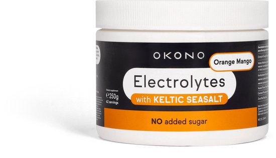 OKONO Electrolytes Orange Mango pot, 250g, 62 doseringen, zonder toegevoegde suikers, op zwarte achtergrond.