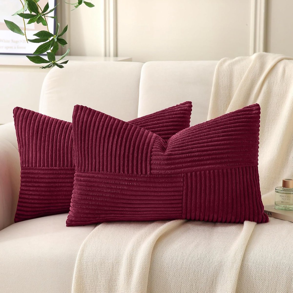 Kussenhoes - Set van 2 - 30 x 50 cm - Ribfluweel - Landelijk - Wasbaar - Met Rits - Bordeaux