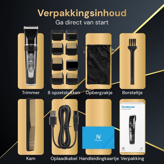 Inhoud van de verpakking: tondeuse, 8 opzetstukken, opbergzakje, borsteltje, kam, oplaadkabel en handleiding.