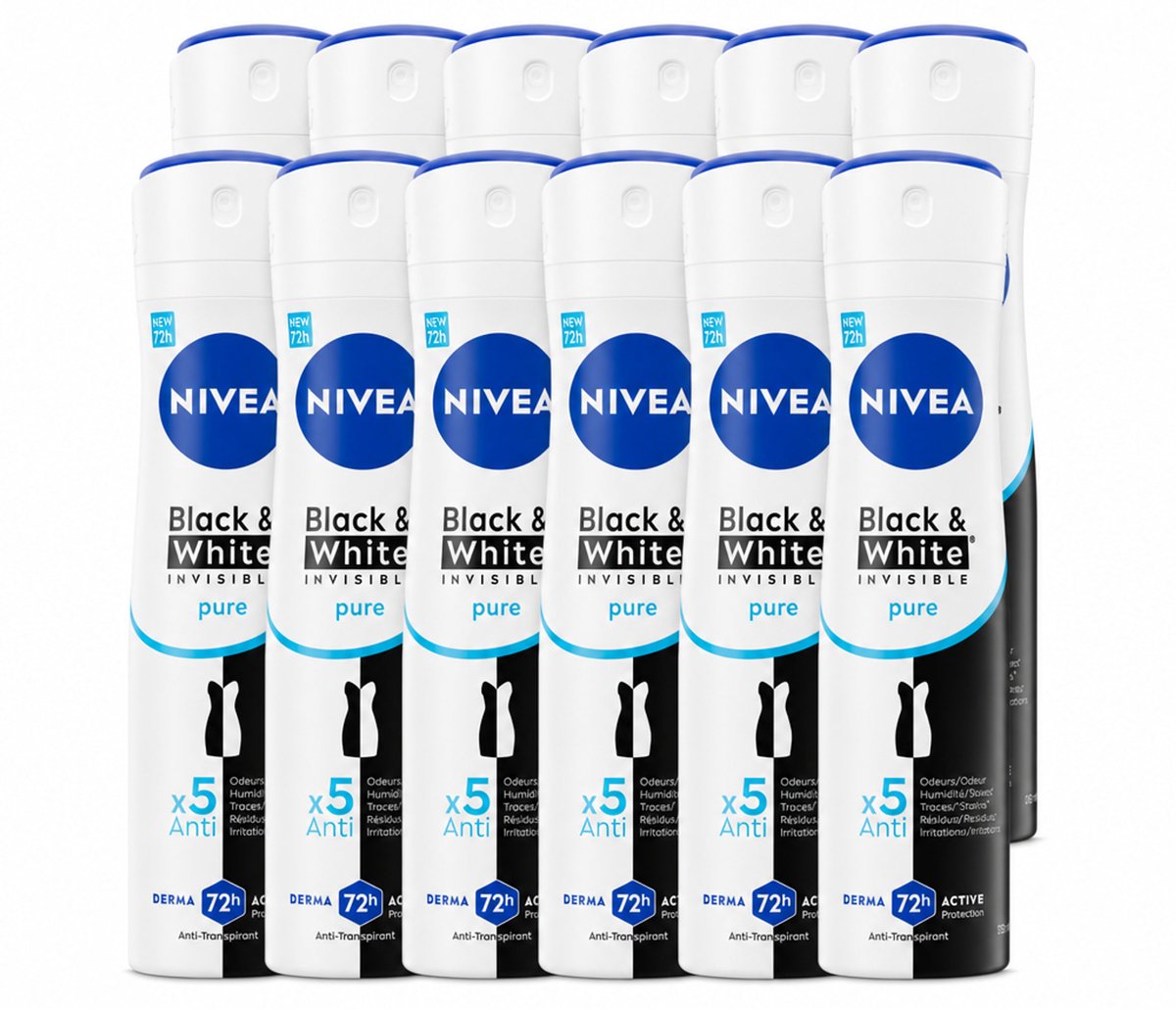 12 x NIVEA – Deodorant Spray – Black & White Invisible Pure – 150 ml - Voordeelverpakking - 12 stuks