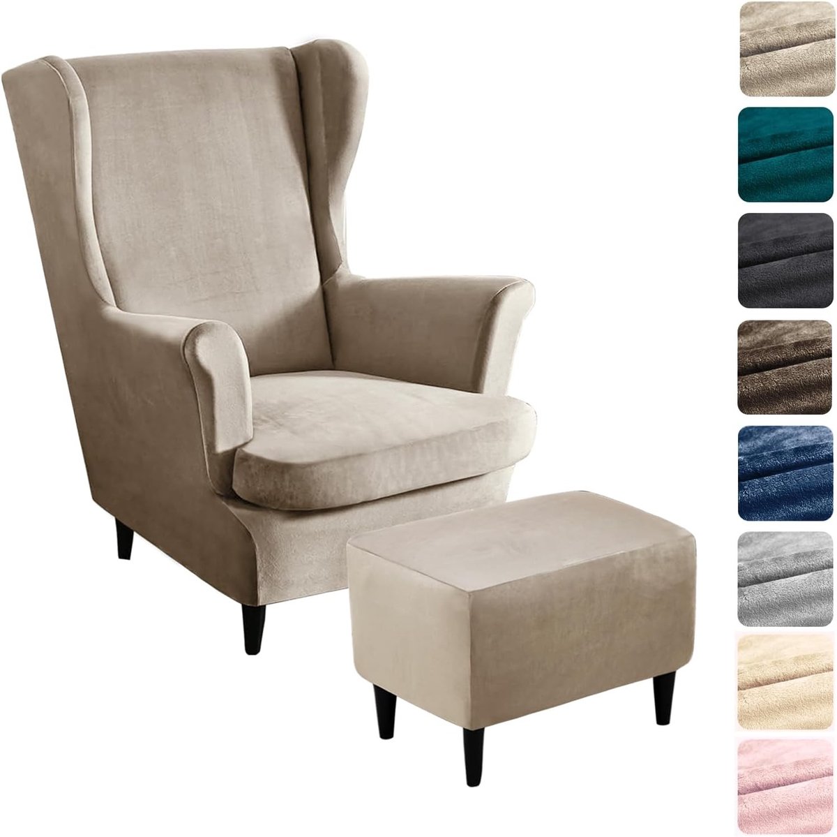 Fauteuilhoes - Champagne - 3-delig - Rekbare Fluwelen Stoelhoes met Ottomaan - Voor Fauteuils met Armleuning