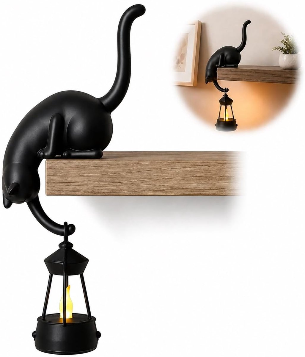Zwart kat leeslamp - Kattenplankhaak - Met LED Lantaarn - Kat boekenplank lantaarn lamp - Halloween decoratie - Halloween-nachtlampje - schattige kathaak plank decor - Verlichting - Retro stijl nachtlampje voor veranda, Boekenplank & Hal - TENGYIF®