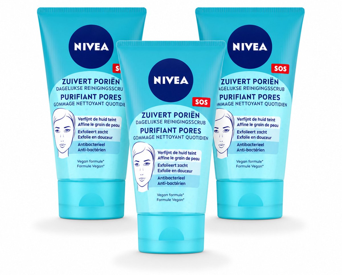3 x NIVEA - Reinigingsscrub - Essentials Dagelijkse Scrub - Voor onzuivere huid - Met Melkzuur & Magnolia-extract - 150 ml - Bulkverpakking - 3 stuks