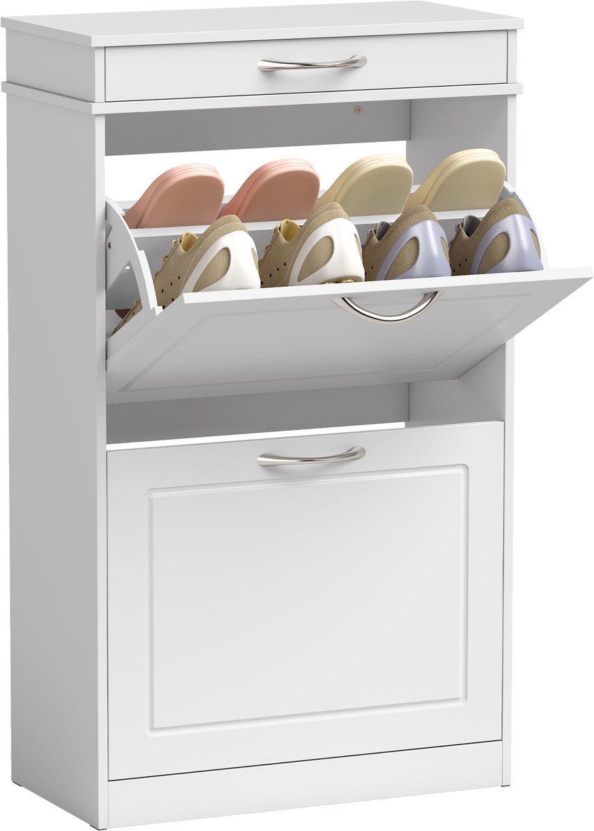 HOMCOM Flip-down Shoe Cabinet-MDF-53L x 26,5B x 89H cm-Weiß