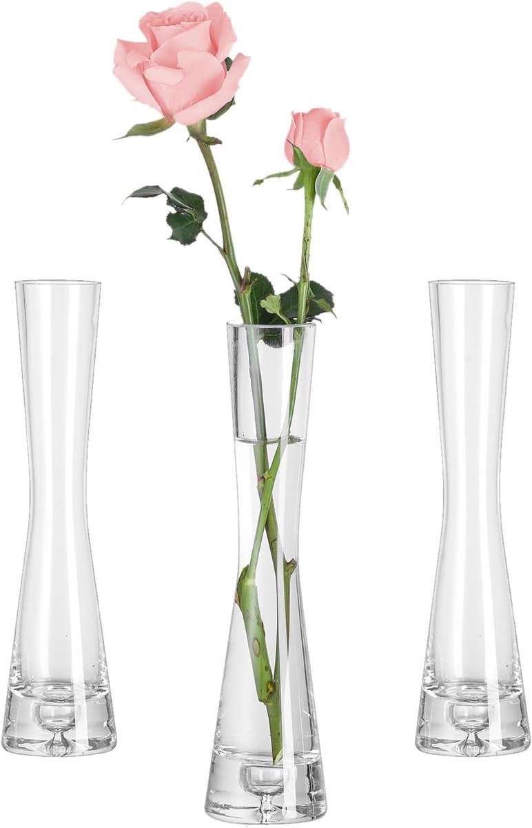 Set van 3 Glazen Bloemenvazen van 20 cm - Duidelijke Kristallen Vazen voor Tafeldecoratie, Bruiloft en Woonkamer Versiering