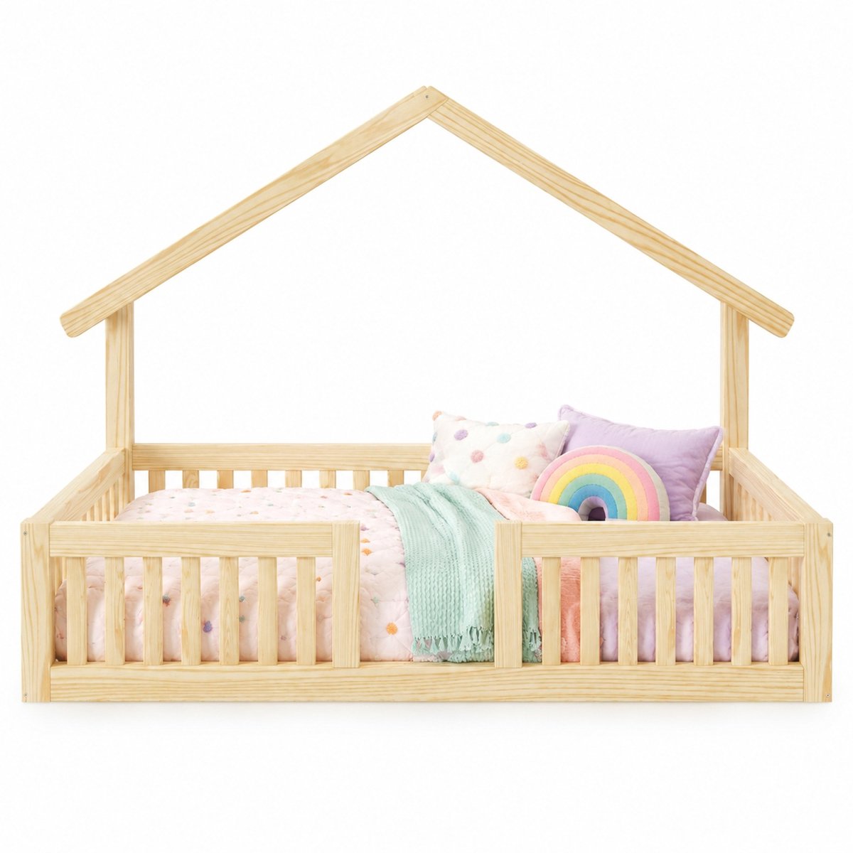WUVRIE huisbed 90x200 cm van hout met veiligheidsgitter en LED-verlichting, naturel