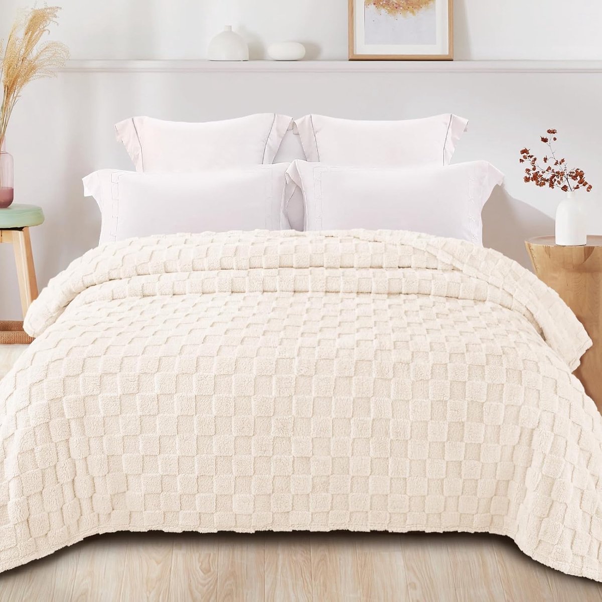 Blanket - 150 x 200 cm- Plaid - Double Blanket - Sofa Blanket - 3D Checkered Blanket - Soft Blanket - Checkered Wool Blanket - Warm Blanket - Living Room Decor - voor op de Bank, Bed of Woonkamer Decoratie - Beige — cadeau in Wonen & Interieur - foto 3